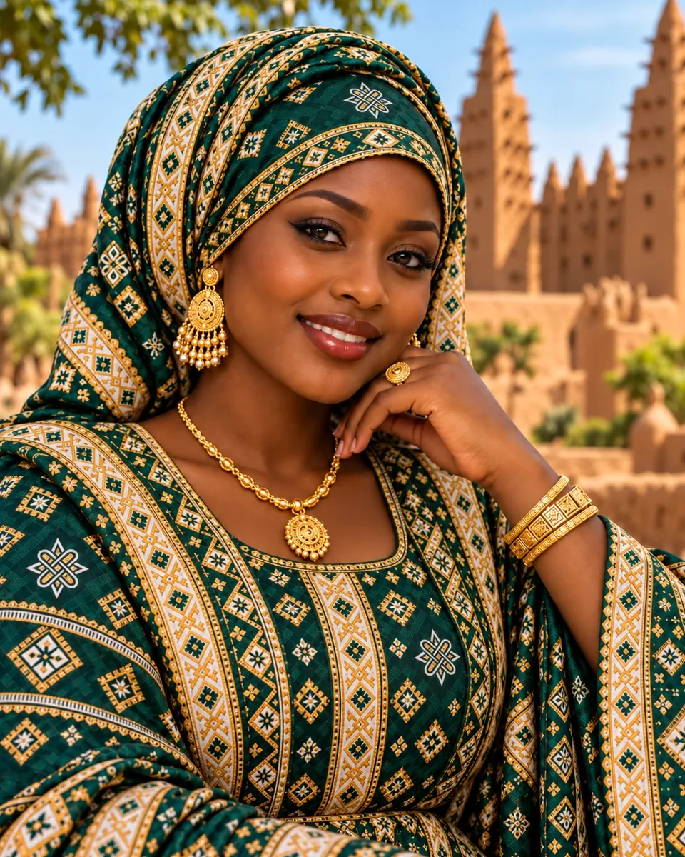 Mace sanye da kayan gargajiya na Hausa masu launin kore da zinari, a gaban wani ginin laka na Sahel.
